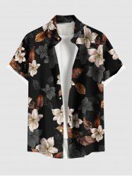Plus Size Leaf Flower Print Hawaii Button Pocket Shirt For Men - Noir 6XL