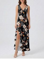 Robe hawaïenne à imprimé feuilles et fleurs et volants fendue - Noir XL