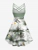 Plus Size Coconut Tree Flower Sun Print Ruched Lattice Crisscross Straps Hawaii Dress -  