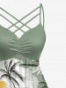 Plus Size Coconut Tree Flower Sun Print Ruched Lattice Crisscross Straps Hawaii Dress -  