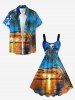 Oil Painting Coconut Tree Seascape Cloud Print Hawaii Tank Dress - Bleu S