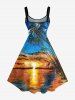 Plus Size Oil Painting Coconut Tree Seascape Cloud Print Hawaii Tank Dress -  