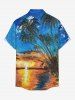 Plus Size Oil Painting Coconut Tree Seascape Cloud Print Buttons Pocket Hawaii Shirt For Men -  