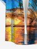 Plus Size Oil Painting Coconut Tree Seascape Cloud Print Buttons Pocket Hawaii Shirt For Men -  