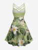 Flowers Leaf Tropical Print Ruched Lattice Crisscross Straps Hawaii Dress -  