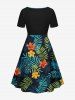 Plus Size Troipical Flower Leaf Print Cinched Hawaii Dress -  