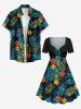 Plus Size Troipical Flower Leaf Print Cinched Hawaii Dress -  