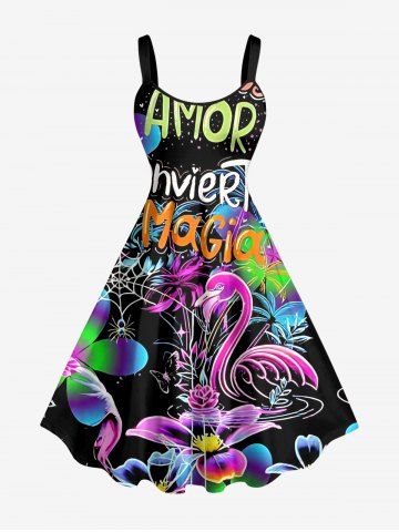 Plus Size Spider Web Butterfly Swan Letter Flower Print Hawaii A Line Dress - PURPLE - XXS