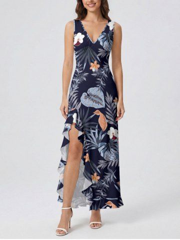Hibiscus Flowers Tropical Leaf Print Hawaii Ruffles Split Surplice Dress - DEEP BLUE - XS