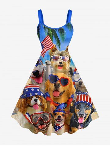 Plus Size Patriotic American Flag Dogs Coconut Tree Print Tank Dress - LIGHT BLUE - XS