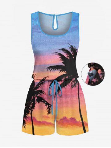 Plus Size Coconut Tree Ombre Sky Cloud Print Cinched Hawaii Romper - PINK - M