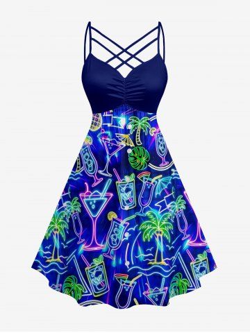 Plus Size Coconut Tree Tropical Leaf Fruit Juice Print Ruched Lattice Crisscross Straps Hawaii Dress - BLUE - XXS