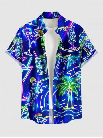 Plus Size Coconut Tree Tropical Leaf Fruit Juice Print Buttons Pocket Hawaii Shirt For Men - BLUE - M