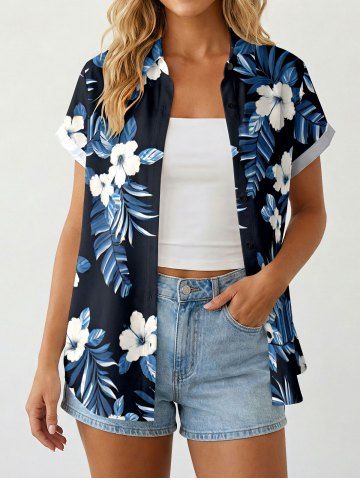 Women Hibiscus Flowers Tropical Leaf Print Buttons Pocket Hawaii Shirt - BLUE - XS