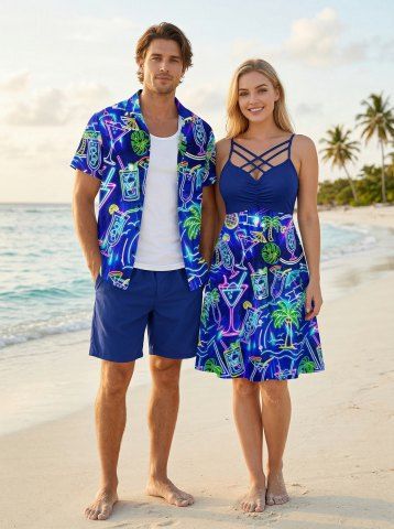 Coconut Tree Tropical Leaf Fruit Juice Print Plus Size Matching Hawaii Beach Outfit For Couples - BLUE