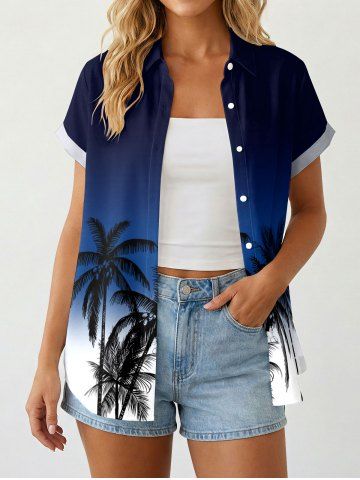 Women Coconut Tree Ombre Print Buttons Pocket Hawaii Shirt - DEEP BLUE - XS