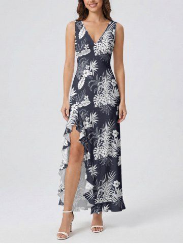 Hibiscus Flowers Tropical Leaf Print Hawaii Ruffles Split Surplice Dress - DEEP BLUE - XS