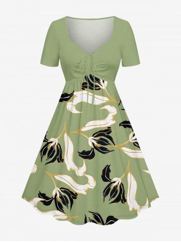 Plus Size Flower Leaf Print Cinched Hawaii Dress - LIGHT GREEN - XS