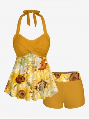 Sunflower Print Hawaii Twist Halter Backless Boyleg Tankini Swimsuit - YELLOW - M
