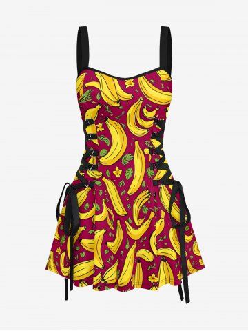 Banana Flower Leaf Print Hawaii Lace Up A Line Dress - RED WINE - L