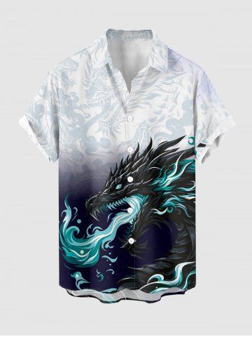 Plus Size Dragon Ombre Print Button Pocket Shirt For Men - WHITE - M