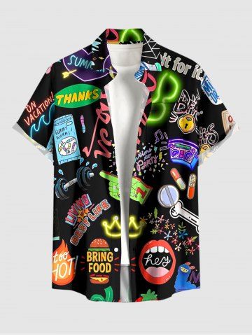 Plus Size Neon Funny Letters Music Print Hawaii Button Pocket Shirt For Men - BLACK - M