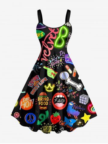 Plus Size Neon Funny Letters Music Print Hawaii A Line Dress - BLACK - S