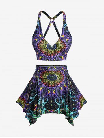 Plus Size Floral Retro Pattern Print Crisscross Strapy Ruched Skirted Tankini Swimsuit - LIGHT PURPLE - 1X | US 14-16