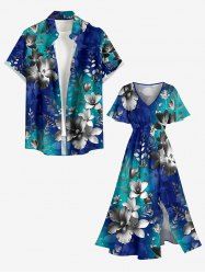 Ombre Flower Leaf Branch Print Plus Size Matching Hawaii Beach Outfit For Couples -  