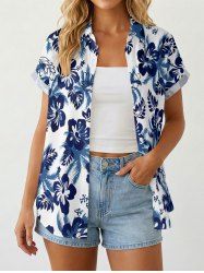Women's Coconut Tree Hibiscus Flower Print Hawaii Shirt - Bleu 2XL