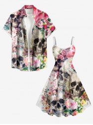 Skulls Newspaper Flower Print Matching Hawaii Beach Outfit For Couples -  