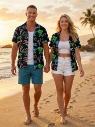 Coconut Tree Flamingo Juice Print Matching Hawaii Beach Outfit For Couples -  
