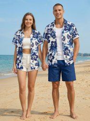 Coconut Tree Hibiscus Flower Print Matching Hawaii Beach Outfit For Couples -  