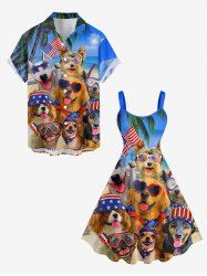 Patriotic American Flag Dogs Coconut Tree Print Plus Size Matching Hawaii Beach Outfit For Couples -  