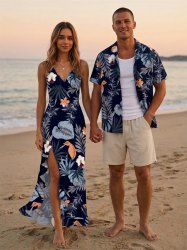 Hibiscus Flowers Tropical Leaf Print Matching Hawaii Beach Outfit For Couples -  