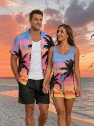 Matching Hawaii Shirt and Romper Beach Outfit Coconut Tree Ombre Sky Cloud Printed for Couples -  