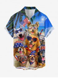 Patriotic American Flag Dogs Coconut Tree Print Buttons Pocket Shirt For Men -  