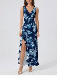 Flowers Leaf Print Hawaii Ruffles Split Surplice Dress - Bleu profond XL