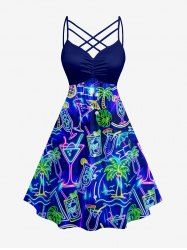 Coconut Tree Tropical Leaf Fruit Juice Print Ruched Lattice Crisscross Straps Hawaii Dress - Bleu S