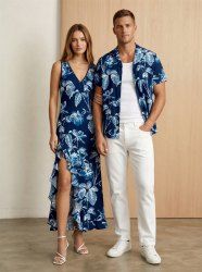 Flowers Leaf Print Matching Hawaii Beach Outfit For Couples -  