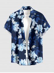 Flower Leaf Branch Print Hawaii Button Pocket Shirt For Men -  