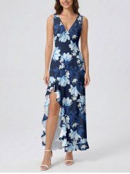 Flower Leaf Branch Print Hawaii Ruffles Split Dress - Bleu profond XXL