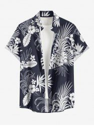 Hibiscus Flower Tropical Leaf Print Buttons Pocket Hawaii Shirt For Men - Bleu profond L