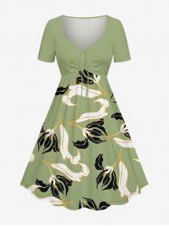 Flower Leaf Print Cinched Hawaii Dress - Vert clair 3X