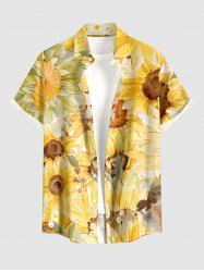 Plus Size Sunflower Print Hawaii Button Pocket Shirt For Men - Jaune 2XL