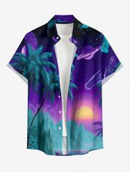 Chemise à poches boutons grande taille pour homme, imprimée de cocotiers, de galaxies et de montagnes, style hawaïen - Paon Bleu 2XL