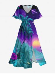 Robe midi trapèze grande taille à imprimé cocotier, galaxie et montagne, style hawaïen, avec poches fendues - Paon Bleu XXS