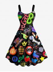 Robe trapèze hawaïenne grande taille à imprimé musical et lettres fluo amusantes - Noir XXS