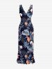 Hibiscus Flowers Tropical Leaf Print Hawaii Ruffles Split Surplice Dress - Bleu profond XL