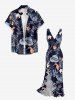 Hibiscus Flowers Tropical Leaf Print Hawaii Ruffles Split Surplice Dress - Bleu profond XL
